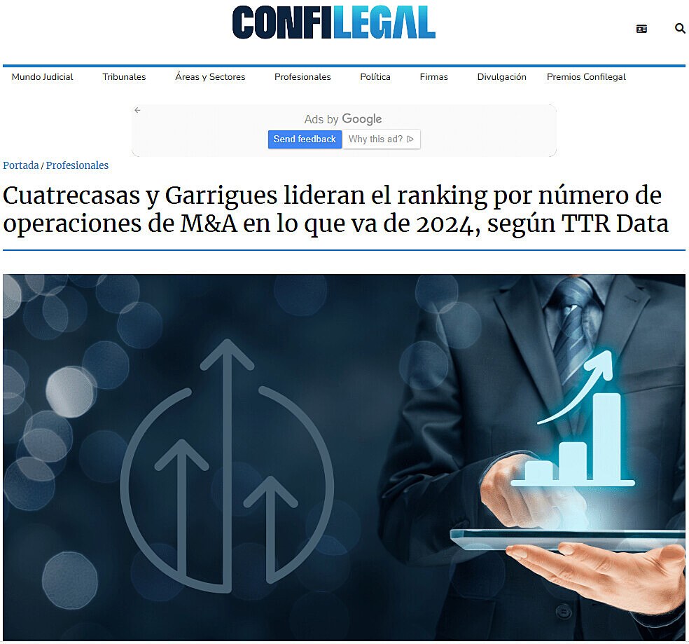 Cuatrecasas y Garrigues lideran el ranking por nmero de operaciones de M&A en lo que va de 2024, segn TTR Data